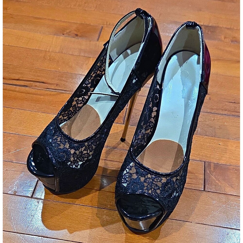 getmorebeauty Black Lace Peep Toe Platform Stiletto Heels Sz EU39(US 8.5) (Flaw)